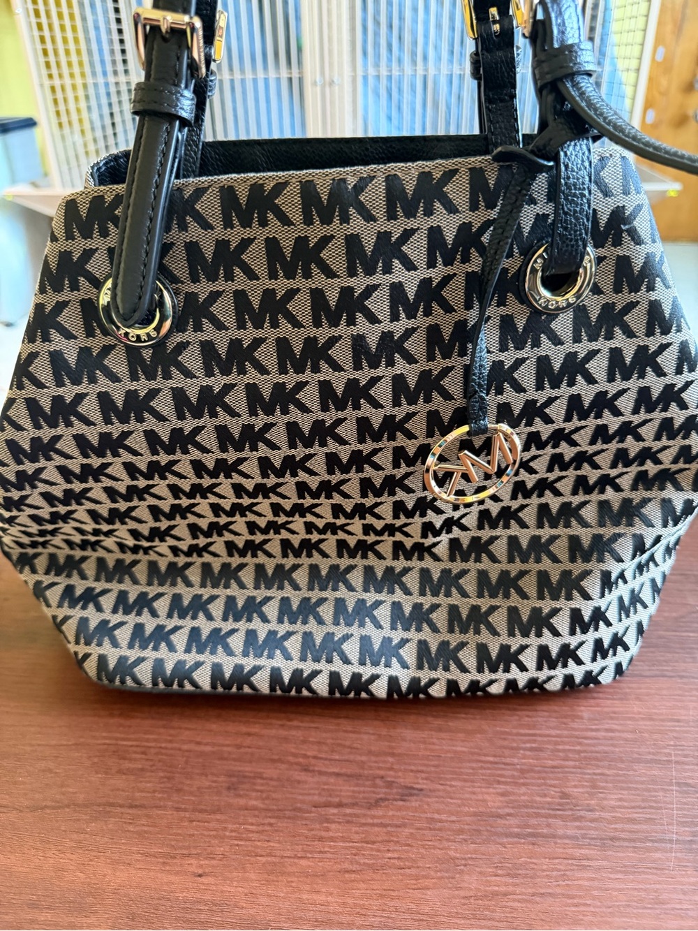 Michael Kors Black and Beige MK Logo Shoulder Bag